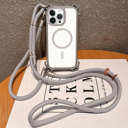 Drone-Style Four-Corner Shockproof Magnetic Acrylic Phone Case with Long and Short Lanyard, For iPhone 12, For iPhone 12 Pro Max, For iPhone 12 Pro, For iPhone 11