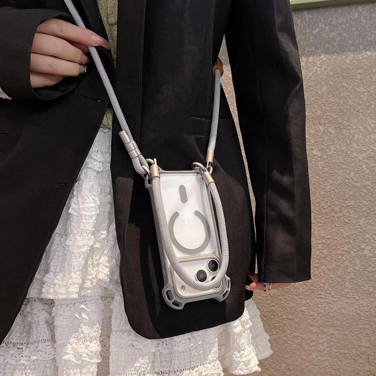 Drone-Style Four-Corner Shockproof Magnetic Acrylic Phone Case with Long and Short Lanyard, For iPhone 12, For iPhone 12 Pro Max, For iPhone 12 Pro, For iPhone 11
