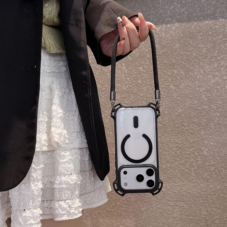 Drone-Style Four-Corner Shockproof Magnetic Acrylic Phone Case with Long and Short Lanyard, For iPhone 12, For iPhone 12 Pro Max, For iPhone 12 Pro, For iPhone 11