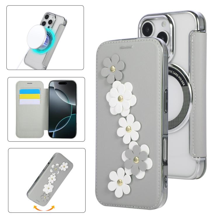 Floral Magnetic Electroplated Card Holder Vegan Leather Phone Case, For iPhone 16 Pro Max, For iPhone 16 Pro, For iPhone 16 Plus, For iPhone 16