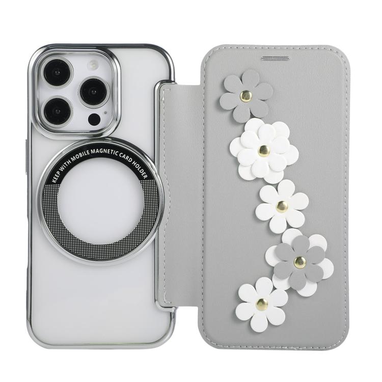 Floral Magnetic Electroplated Card Holder Vegan Leather Phone Case, For iPhone 16 Pro Max, For iPhone 16 Pro, For iPhone 16 Plus, For iPhone 16