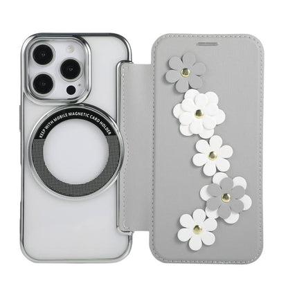 Floral Magnetic Electroplated Card Holder Vegan Leather Phone Case, For iPhone 16 Pro Max, For iPhone 16 Pro, For iPhone 16 Plus, For iPhone 16