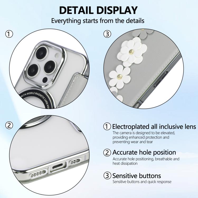 Floral Magnetic Electroplated Card Holder Vegan Leather Phone Case, For iPhone 16 Pro Max, For iPhone 16 Pro, For iPhone 16 Plus, For iPhone 16