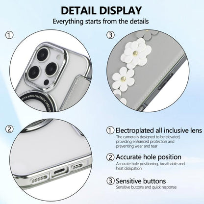 Floral Magnetic Electroplated Card Holder Vegan Leather Phone Case, For iPhone 16 Pro Max, For iPhone 16 Pro, For iPhone 16 Plus, For iPhone 16