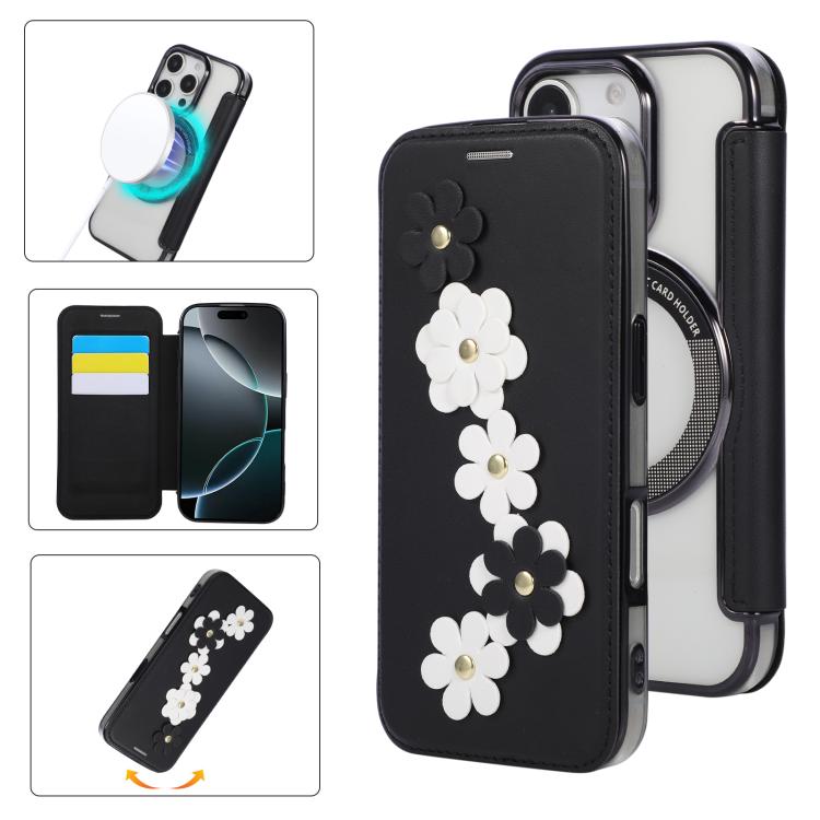 Floral Magnetic Electroplated Card Holder Vegan Leather Phone Case, For iPhone 16 Pro Max, For iPhone 16 Pro, For iPhone 16 Plus, For iPhone 16