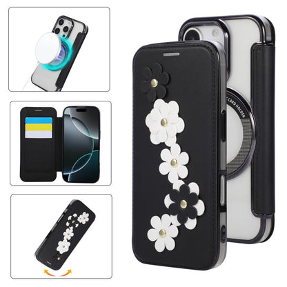 Floral Magnetic Electroplated Card Holder Vegan Leather Phone Case, For iPhone 16 Pro Max, For iPhone 16 Pro, For iPhone 16 Plus, For iPhone 16