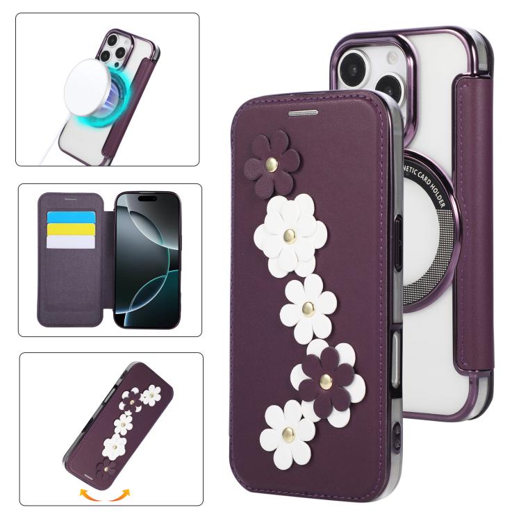 Floral Magnetic Electroplated Card Holder Vegan Leather Phone Case, For iPhone 16 Pro Max, For iPhone 16 Pro, For iPhone 16 Plus, For iPhone 16