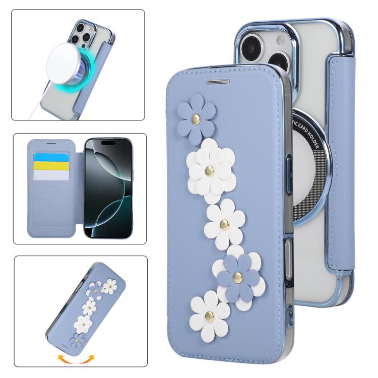 Floral Magnetic Electroplated Card Holder Vegan Leather Phone Case, For iPhone 16 Pro Max, For iPhone 16 Pro, For iPhone 16 Plus, For iPhone 16