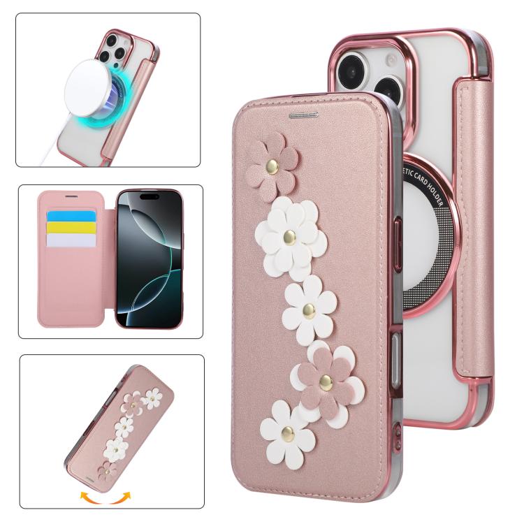 Floral Magnetic Electroplated Card Holder Vegan Leather Phone Case, For iPhone 16 Pro Max, For iPhone 16 Pro, For iPhone 16 Plus, For iPhone 16