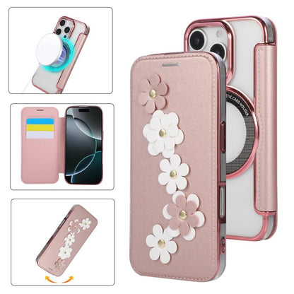 Floral Magnetic Electroplated Card Holder Vegan Leather Phone Case, For iPhone 16 Pro Max, For iPhone 16 Pro, For iPhone 16 Plus, For iPhone 16