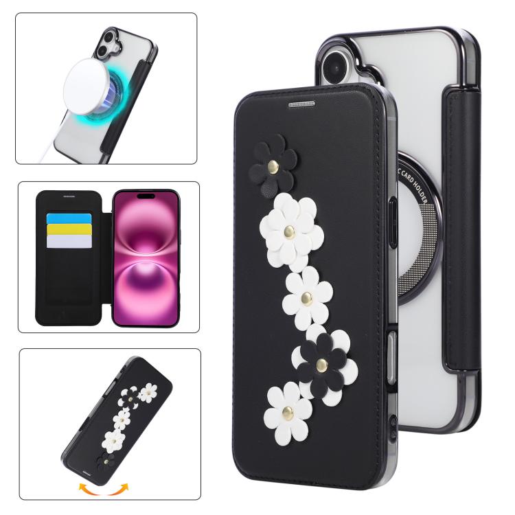 Floral Magnetic Electroplated Card Holder Vegan Leather Phone Case, For iPhone 16 Pro Max, For iPhone 16 Pro, For iPhone 16 Plus, For iPhone 16