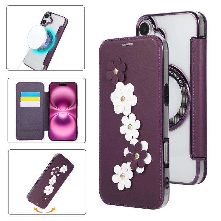 Floral Magnetic Electroplated Card Holder Vegan Leather Phone Case, For iPhone 16 Pro Max, For iPhone 16 Pro, For iPhone 16 Plus, For iPhone 16