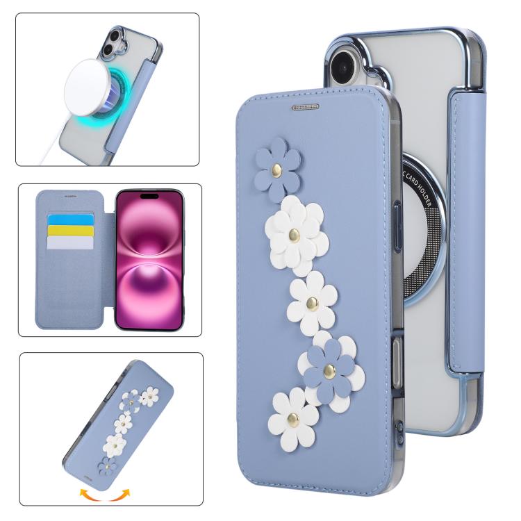 Floral Magnetic Electroplated Card Holder Vegan Leather Phone Case, For iPhone 16 Pro Max, For iPhone 16 Pro, For iPhone 16 Plus, For iPhone 16
