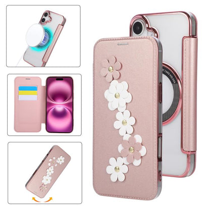 Floral Magnetic Electroplated Card Holder Vegan Leather Phone Case, For iPhone 16 Pro Max, For iPhone 16 Pro, For iPhone 16 Plus, For iPhone 16