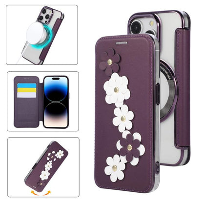 Floral Magnetic Electroplated Card Holder Vegan Leather Phone Case, For iPhone 14 Pro, For iPhone 14 Pro Max, For iPhone 13 Pro Max, For iPhone 13 Pro