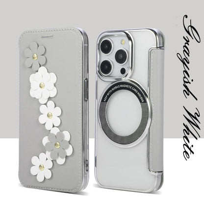 Floral Magnetic Electroplated Card Holder Vegan Leather Phone Case, For iPhone 14 Pro, For iPhone 14 Pro Max, For iPhone 13 Pro Max, For iPhone 13 Pro