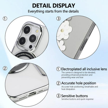 Floral Magnetic Electroplated Card Holder Vegan Leather Phone Case, For iPhone 14 Pro, For iPhone 14 Pro Max, For iPhone 13 Pro Max, For iPhone 13 Pro