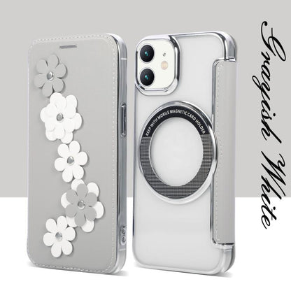 Floral Magnetic Electroplated Card Holder Vegan Leather Phone Case, For iPhone 12 / 12 Pro, For iPhone 12 Pro Max