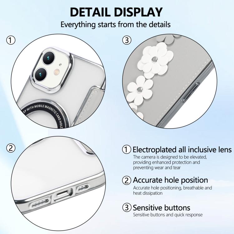 Floral Magnetic Electroplated Card Holder Vegan Leather Phone Case, For iPhone 12 / 12 Pro, For iPhone 12 Pro Max