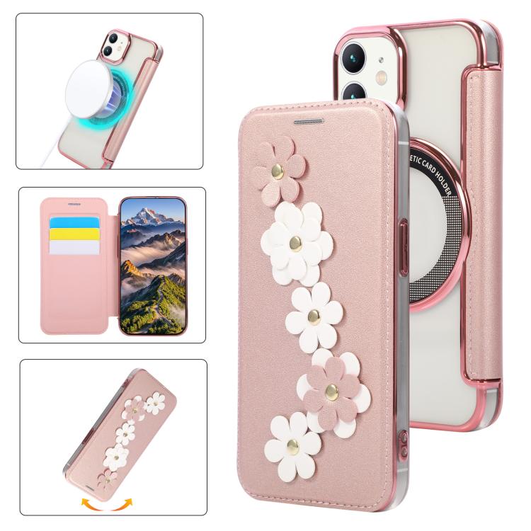Floral Magnetic Electroplated Card Holder Vegan Leather Phone Case, For iPhone 12 / 12 Pro, For iPhone 12 Pro Max