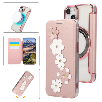 Floral Magnetic Electroplated Card Holder Vegan Leather Phone Case, For iPhone 15 Pro Max, For iPhone 15 Pro, For iPhone 14 Plus / 15 Plus, For iPhone 13 / 14
