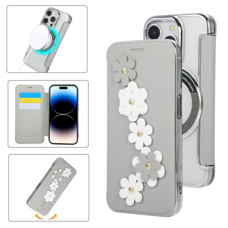 Floral Magnetic Electroplated Card Holder Vegan Leather Phone Case, For iPhone 15 Pro Max, For iPhone 15 Pro, For iPhone 14 Plus / 15 Plus, For iPhone 13 / 14