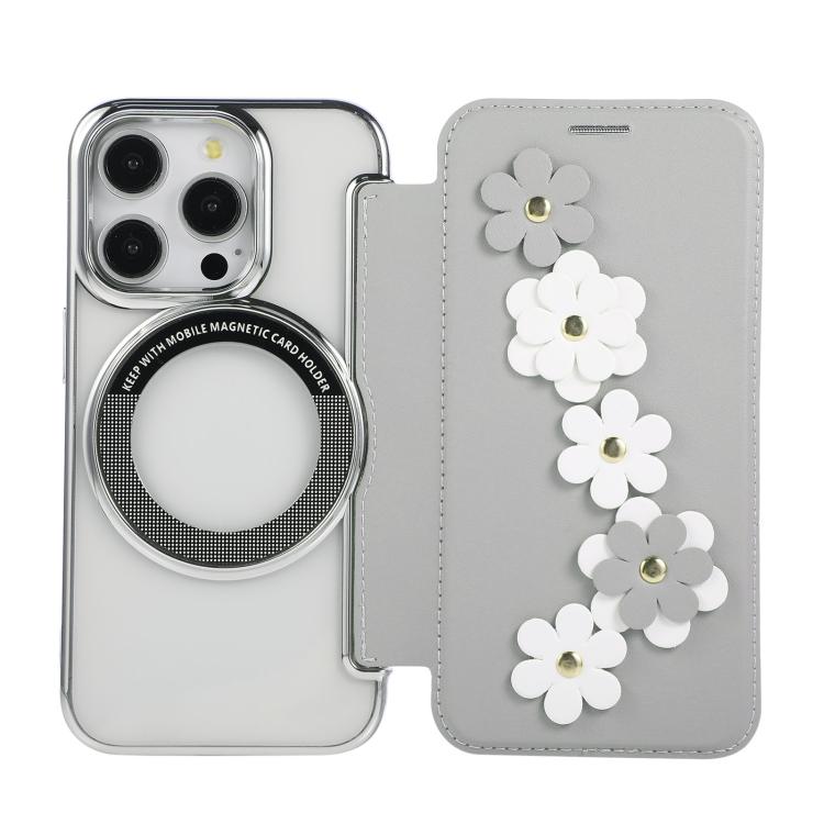 Floral Magnetic Electroplated Card Holder Vegan Leather Phone Case, For iPhone 15 Pro Max, For iPhone 15 Pro, For iPhone 14 Plus / 15 Plus, For iPhone 13 / 14