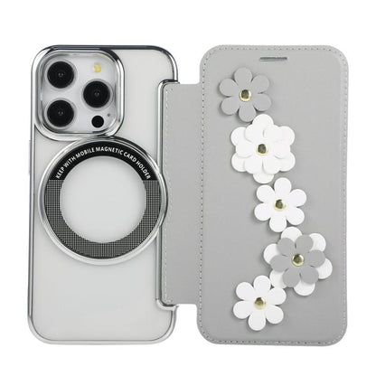 Floral Magnetic Electroplated Card Holder Vegan Leather Phone Case, For iPhone 15 Pro Max, For iPhone 15 Pro, For iPhone 14 Plus / 15 Plus, For iPhone 13 / 14