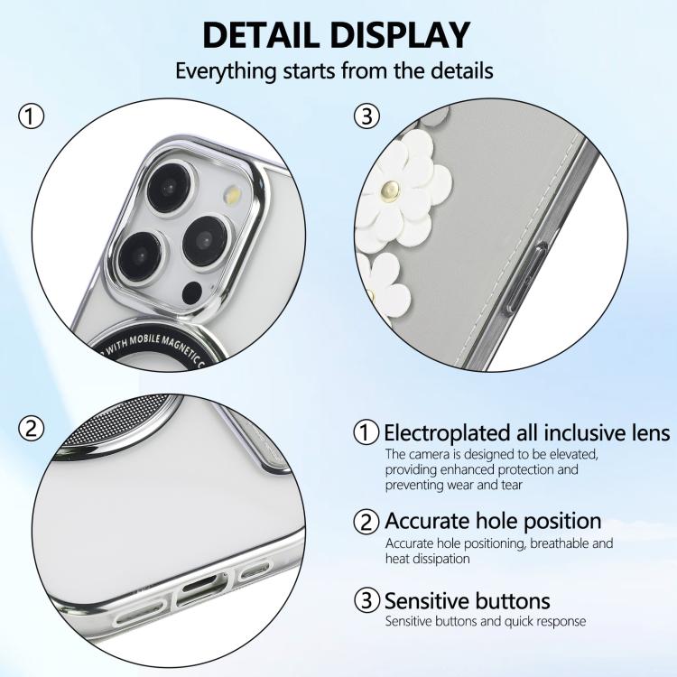 Floral Magnetic Electroplated Card Holder Vegan Leather Phone Case, For iPhone 15 Pro Max, For iPhone 15 Pro, For iPhone 14 Plus / 15 Plus, For iPhone 13 / 14