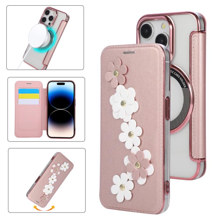 Floral Magnetic Electroplated Card Holder Vegan Leather Phone Case, For iPhone 15 Pro Max, For iPhone 15 Pro, For iPhone 14 Plus / 15 Plus, For iPhone 13 / 14