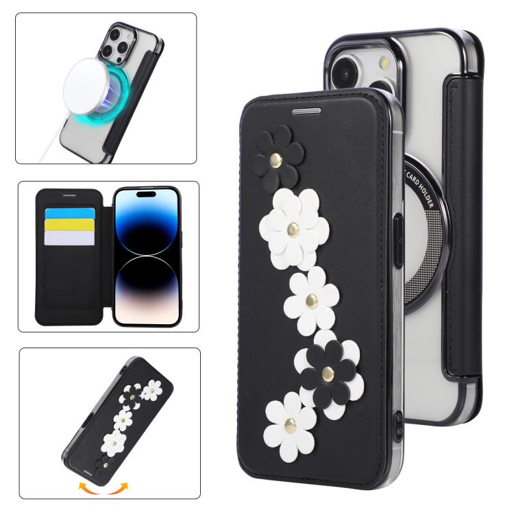 Floral Magnetic Electroplated Card Holder Vegan Leather Phone Case, For iPhone 15 Pro Max, For iPhone 15 Pro, For iPhone 14 Plus / 15 Plus, For iPhone 13 / 14