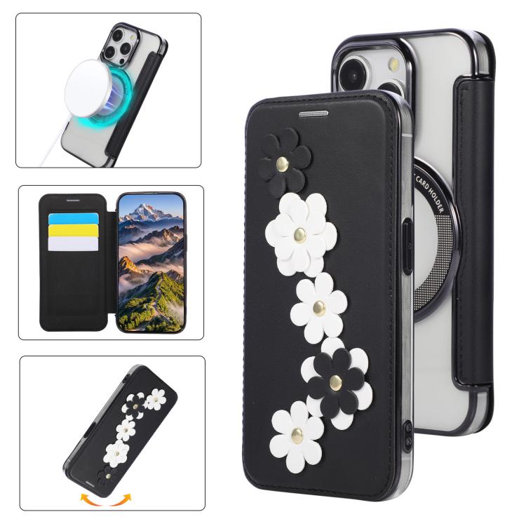 Floral Magnetic Electroplated Card Holder Vegan Leather Phone Case, For iPhone 14 Pro, For iPhone 14 Pro Max, For iPhone 13 Pro Max, For iPhone 13 Pro