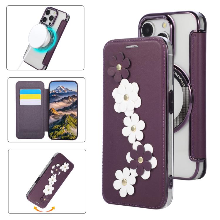 Floral Magnetic Electroplated Card Holder Vegan Leather Phone Case, For iPhone 14 Pro, For iPhone 14 Pro Max, For iPhone 13 Pro Max, For iPhone 13 Pro
