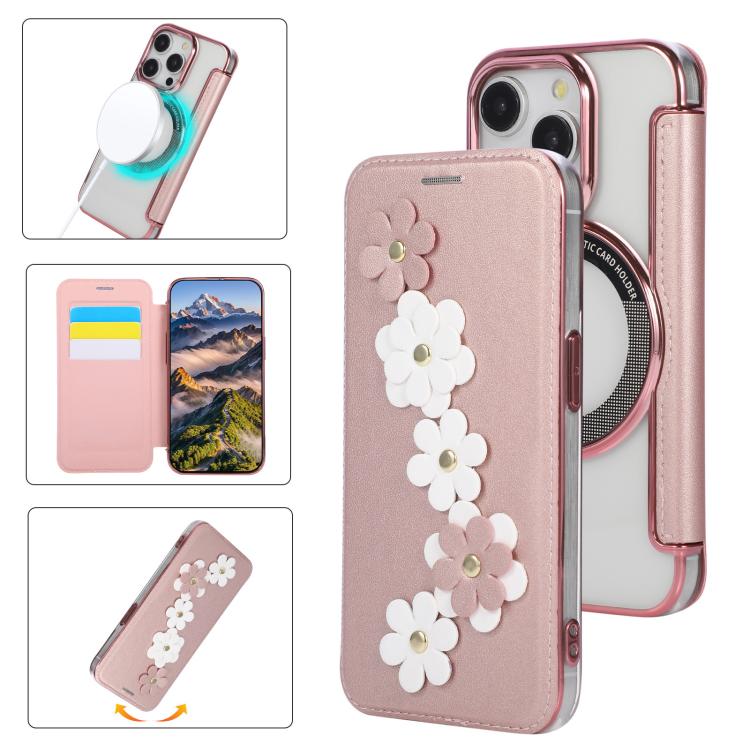 Floral Magnetic Electroplated Card Holder Vegan Leather Phone Case, For iPhone 14 Pro, For iPhone 14 Pro Max, For iPhone 13 Pro Max, For iPhone 13 Pro