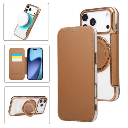 Ultra-thin Rotation Holder Magnetic Plating Vegan Leather Phone Case, For iPhone 17e / 16e, For iPhone 17 Pro Max, For iPhone 17 Pro