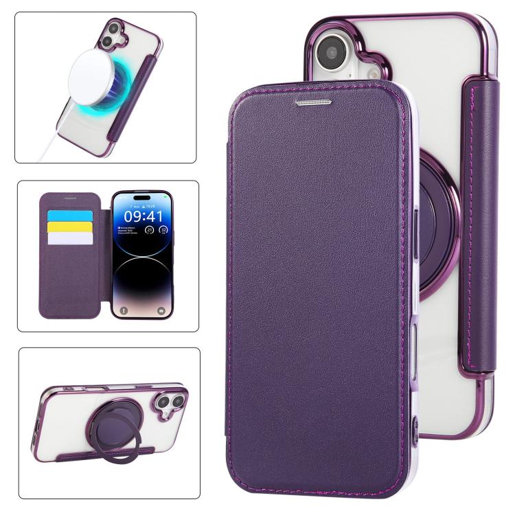 Ultra-thin Rotation Holder Magnetic Plating Vegan Leather Phone Case, For iPhone 17, For iPhone Air, For iPhone 16 Pro Max