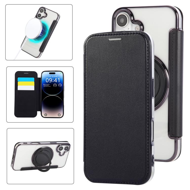 Ultra-thin Rotation Holder Magnetic Plating Vegan Leather Phone Case, For iPhone 17, For iPhone Air, For iPhone 16 Pro Max