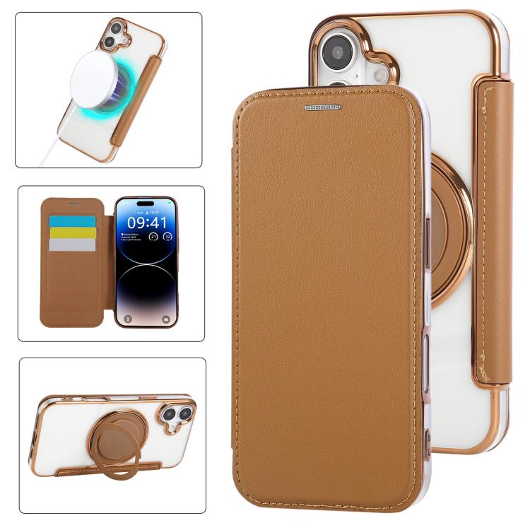 Ultra-thin Rotation Holder Magnetic Plating Vegan Leather Phone Case, For iPhone 17, For iPhone Air, For iPhone 16 Pro Max