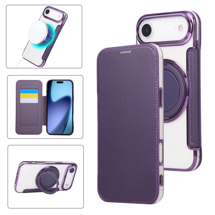 Ultra-thin Rotation Holder Magnetic Plating Vegan Leather Phone Case, For iPhone 17, For iPhone Air, For iPhone 16 Pro Max