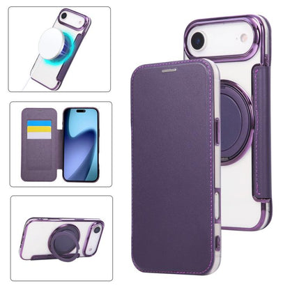 Ultra-thin Rotation Holder Magnetic Plating Vegan Leather Phone Case, For iPhone 17, For iPhone Air, For iPhone 16 Pro Max