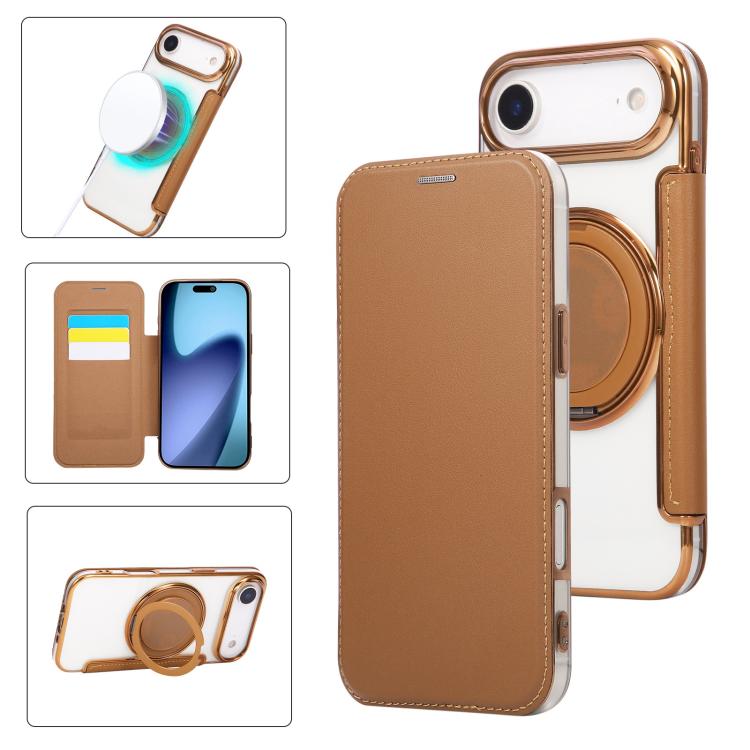 Ultra-thin Rotation Holder Magnetic Plating Vegan Leather Phone Case, For iPhone 17, For iPhone Air, For iPhone 16 Pro Max