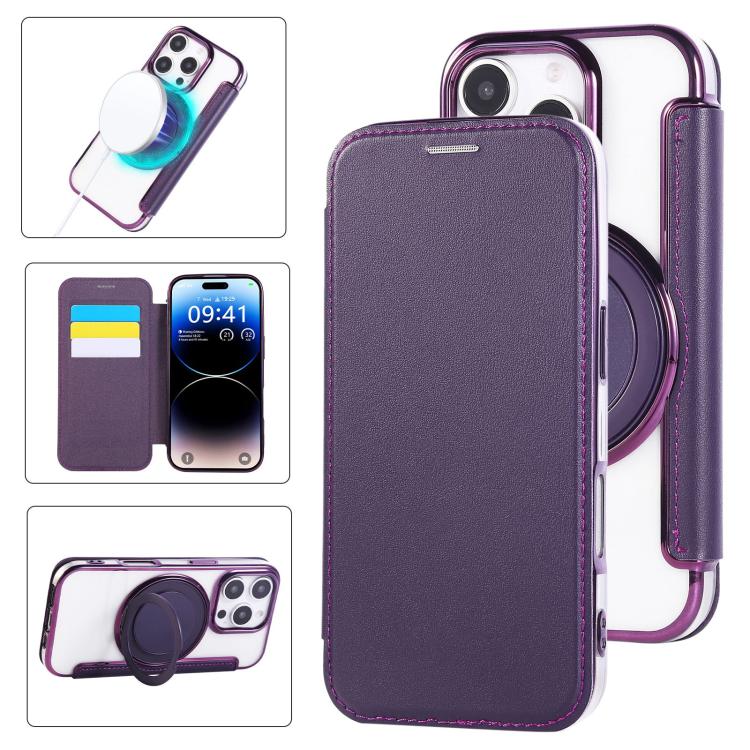 Ultra-thin Rotation Holder Magnetic Plating Vegan Leather Phone Case, For iPhone 17, For iPhone Air, For iPhone 16 Pro Max