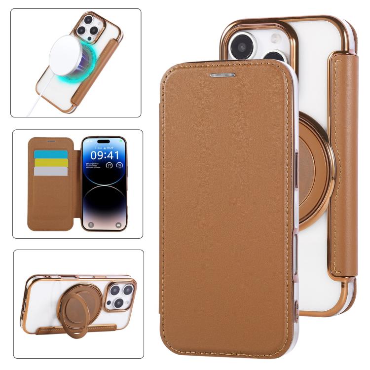 Ultra-thin Rotation Holder Magnetic Plating Vegan Leather Phone Case, For iPhone 17, For iPhone Air, For iPhone 16 Pro Max