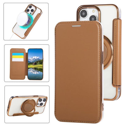 Ultra-thin Rotation Holder Magnetic Plating Vegan Leather Phone Case, For iPhone 15 Pro Max, For iPhone 15 Pro, For iPhone 15 Plus / 14 Plus