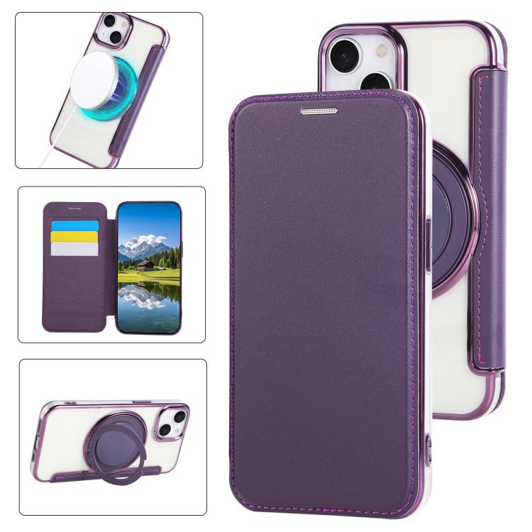 Ultra-thin Rotation Holder Magnetic Plating Vegan Leather Phone Case, For iPhone 15 Pro Max, For iPhone 15 Pro, For iPhone 15 Plus / 14 Plus