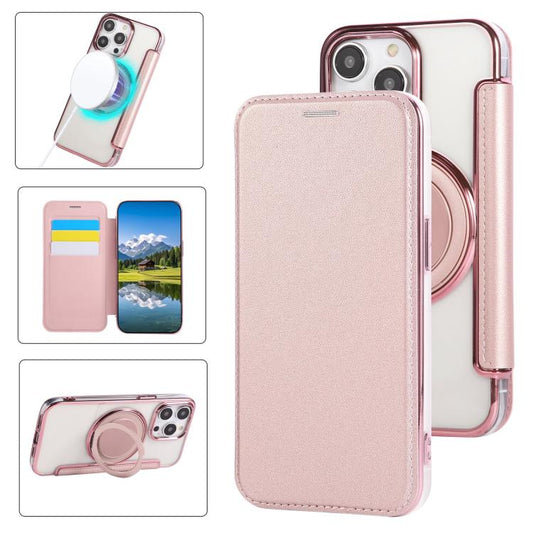 Ultra-thin Rotation Holder Magnetic Plating Vegan Leather Phone Case, For iPhone 14 Pro Max, For iPhone 13 Pro Max, For iPhone 13 Pro