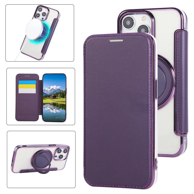 Ultra-thin Rotation Holder Magnetic Plating Vegan Leather Phone Case, For iPhone 14 Pro Max, For iPhone 13 Pro Max, For iPhone 13 Pro