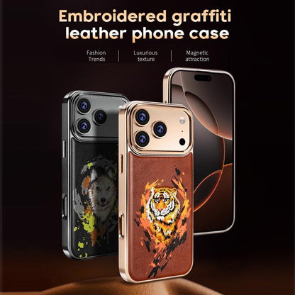 Embroidered Graffiti Vegan Leather Shield Electroplated Magnetic Phone Case, For iPhone 14 Plus, For iPhone 14, For iPhone 14 Pro, For iPhone 14 Pro Max