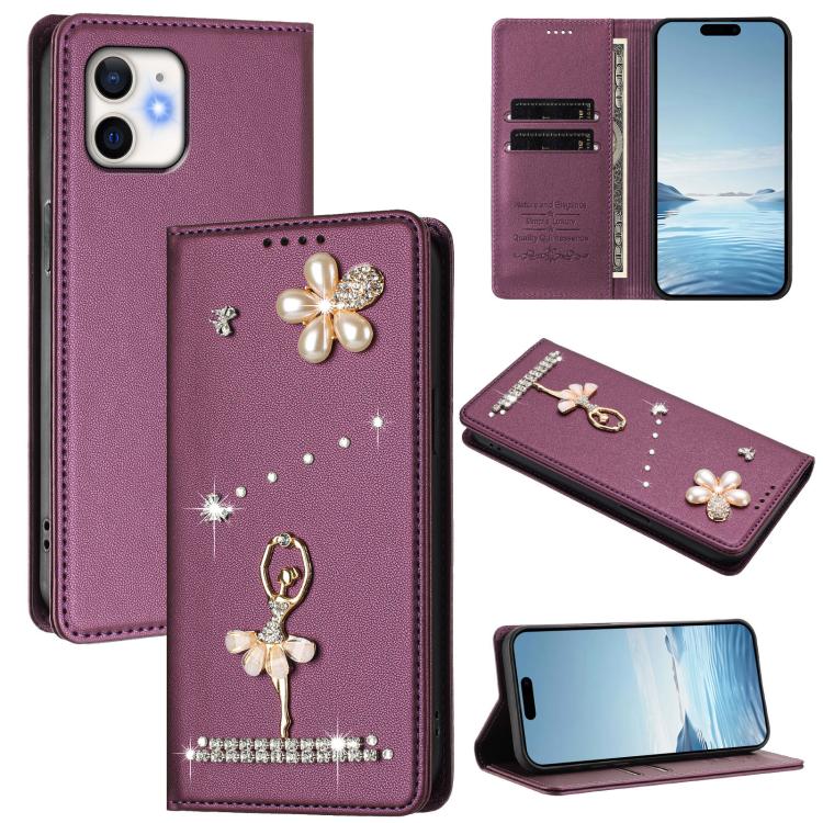 Ballet Girl Diamond Studded RFID Vegan Leather Phone Case, For iPhone 11 Pro Max, For iPhone 11, For iPhone 11 Pro