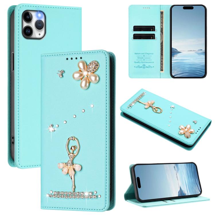 Ballet Girl Diamond Studded RFID Vegan Leather Phone Case, For iPhone 11 Pro Max, For iPhone 11, For iPhone 11 Pro